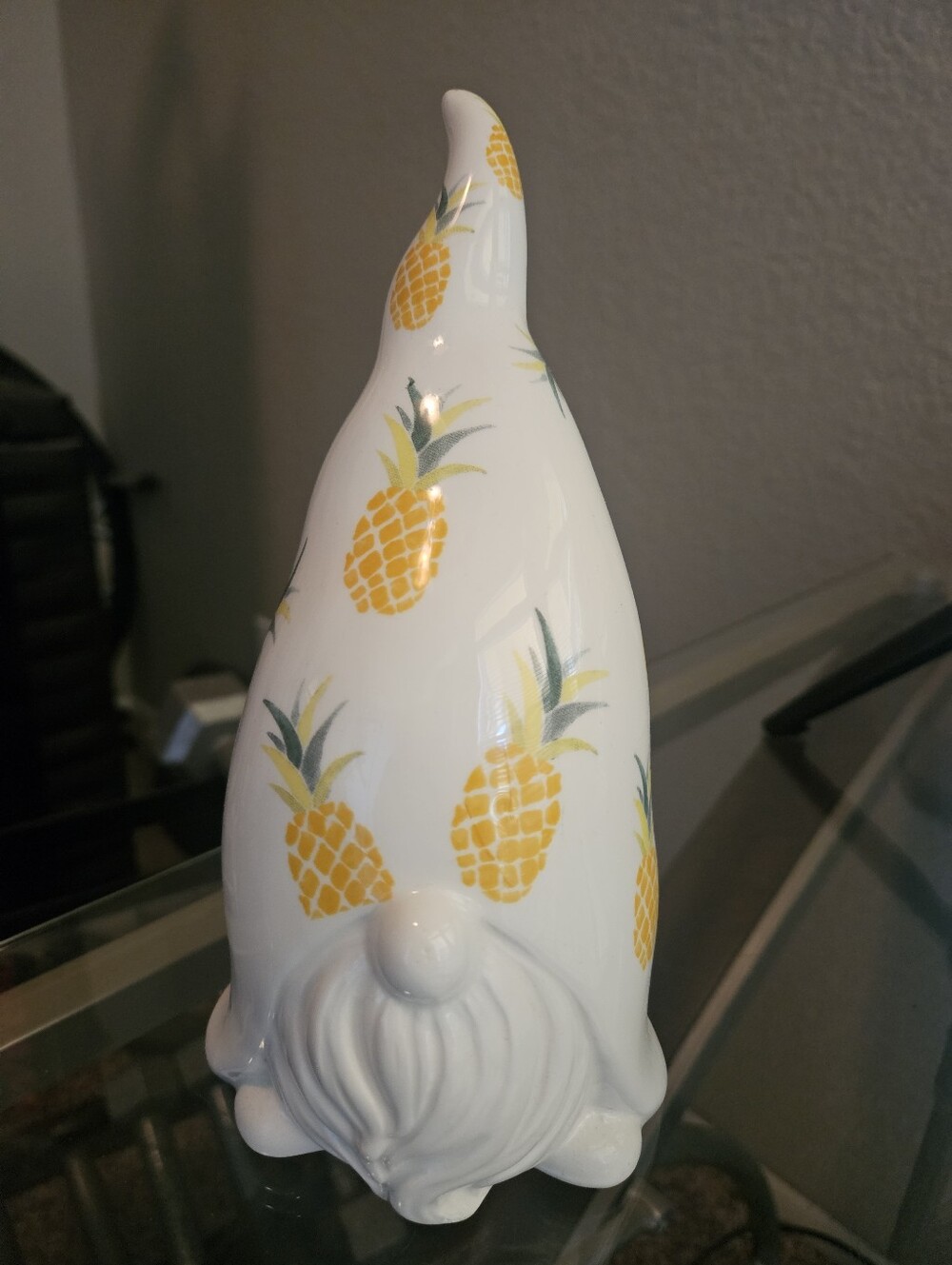 White Ceramic Gnome Figurine with Yellow Pineapple Pattern